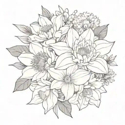 Chrysanthemum daffodil violet aster carnation bouquet tattoo design idea