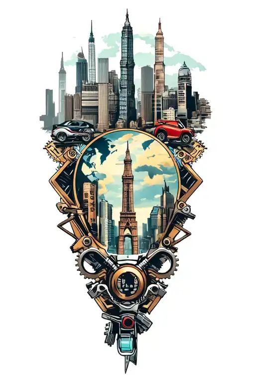 A collage of iconic landmarks from around the world, with a border of motorcycle parts and gear to reflect your love for motorcycles and travel tattoo design idea