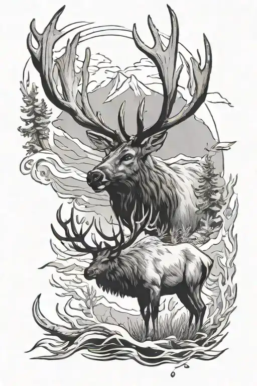  elk and trout  tattoo design idea