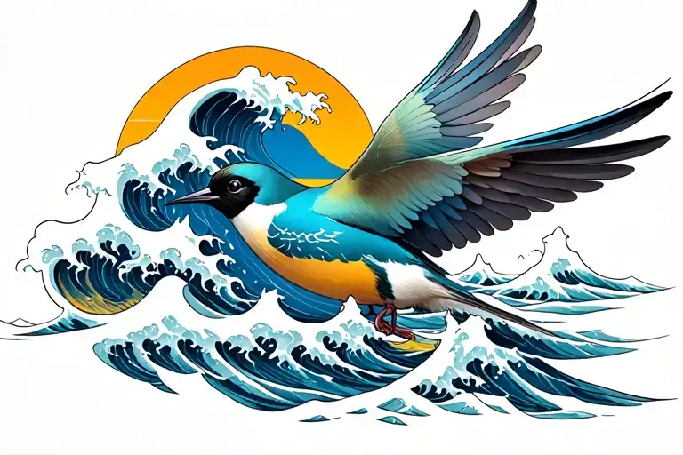 swallow bird with tail turning into Japanese ocean waves tattoo design idea