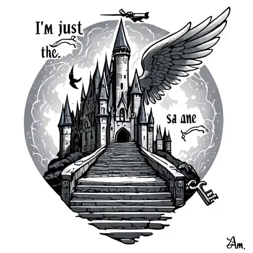 "I'm just the same as I am" Otter patronus charm. Hogwarts castle. Key with wings. Flying car. Thestrals. Foots steps. tattoo design idea