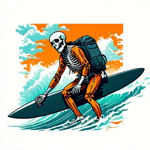 surfing skeleton in orange jumpsuit and a black headsack tattoo design idea