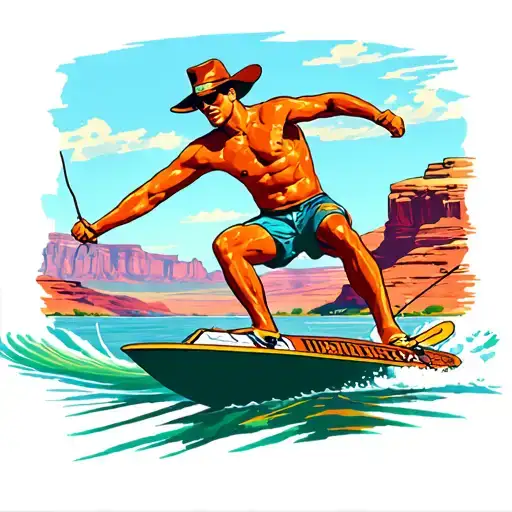 man wakeboarding behind boat at  Lake Powell tattoo design idea