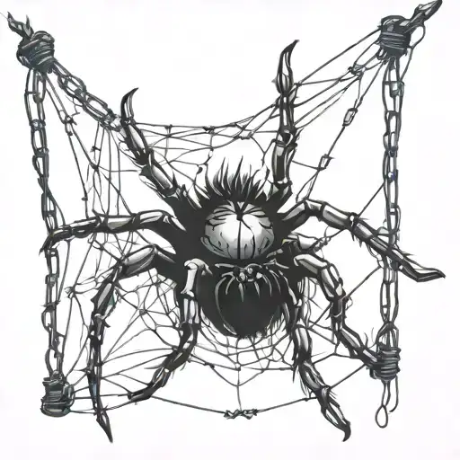 A gothic cybersigilism spider hanging from a barbed wire fence tattoo design idea