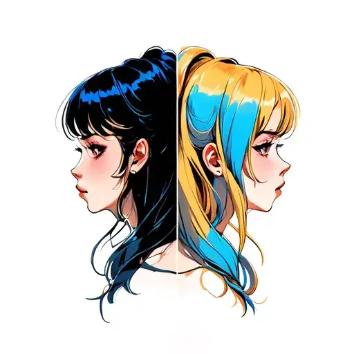 Two female faces looking in different directions, one turned in profile, the other turned 3/4. tattoo design idea