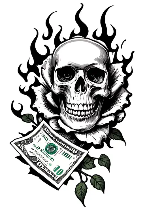skull rose 100 dollar bills with flames left arm sleeve tattoo design idea