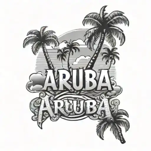 word Aruba with beach scene tattoo design idea