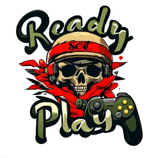 words "Ready Set Play" gamer and military themed design  tattoo design idea
