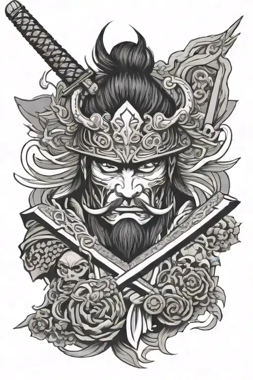 warrior/japanese inspired arm sleeve including themes of Samurai/Oni mask and other great warriors like Miyamoto Musashi tattoo design idea