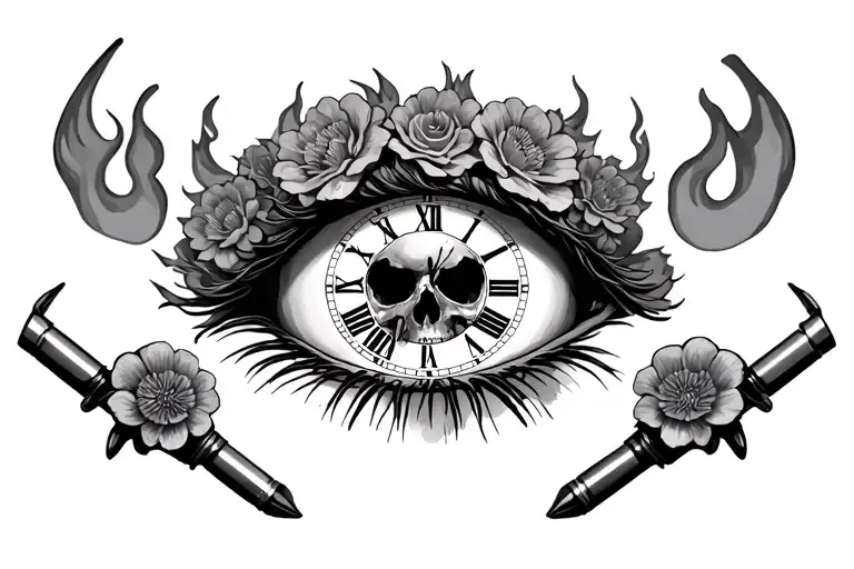 SKULLS, FIRE ARMS, BULLETS, FLOWERS, CLOCK INSIDE EYE tattoo design idea