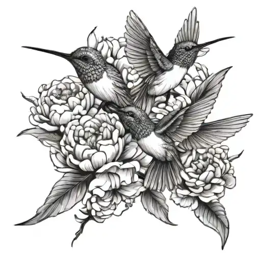 Hummingbirds with peonies tattoo design idea