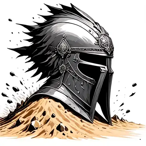 Corinthian helmet, Fisor and crush on sand, which falls into a burst that leaves the figures escaped from the figures tattoo design idea