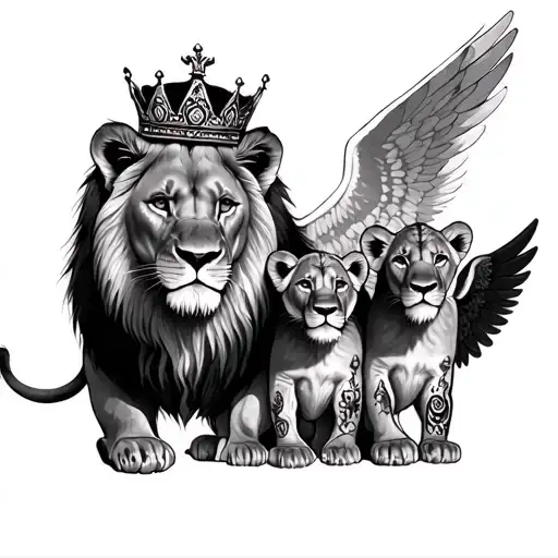 Lioness protecting these 3 lion cubs, 2 of the lion cubs wear a king's crown and one lion cub wears an oreol and angel w tattoo design idea