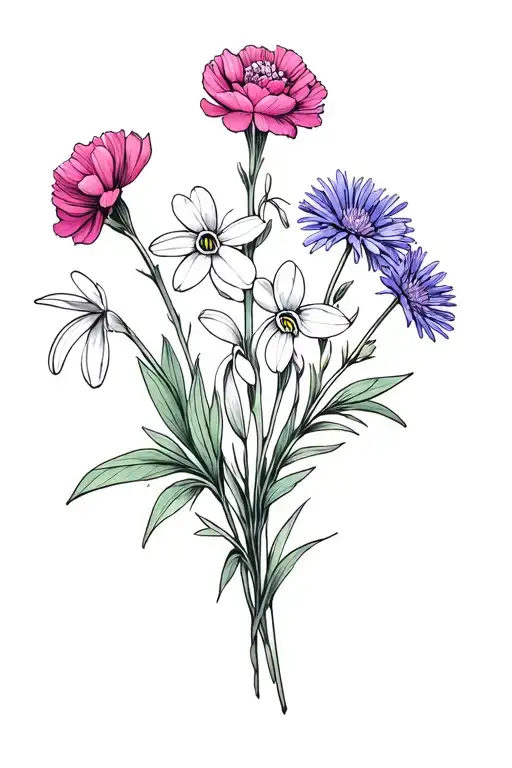 dainty bouquet of carnation, snowdrop, aster, cosmo, and larkspur flowers tattoo design idea