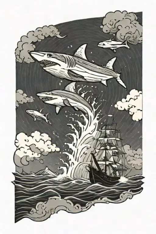 a ship is moving in a storm. below a shark is jumping on a ship with its mouth open. in the background there are mountains in the fog, clouds above tattoo design idea