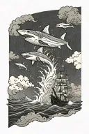 a ship is moving in a storm. below a shark is jumping on a ship with its mouth open. in the background there are mountains in the fog, clouds above tattoo design idea