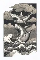 a ship is moving in a storm. below a shark is jumping on a ship with its mouth open. in the background there are mountains in the fog, clouds above tattoo design idea