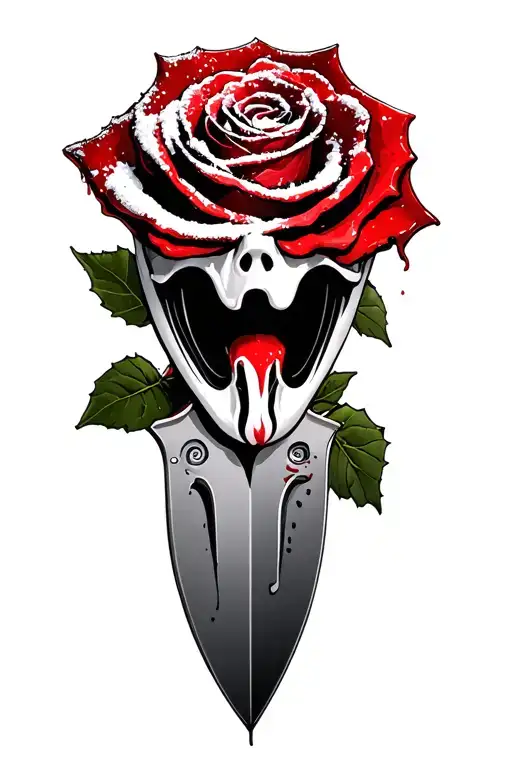 GhostFace's reflection on a buck knife from scream, bloody snow covered rose wrapping around it and bloody blad tattoo design idea