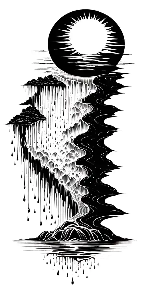a sun melting into a waterfall that turns into rain drops tattoo design idea