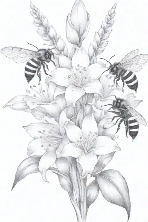 lily of the valley gladiolus lotus flowers interwined with bumblebee flying towards living tattoo design idea