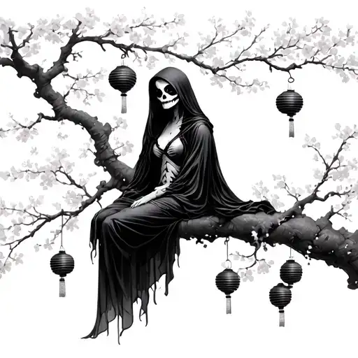 female grim reaper sitting on a blossom tree branch that has Japanese lanterns hanging from the branch  tattoo design idea