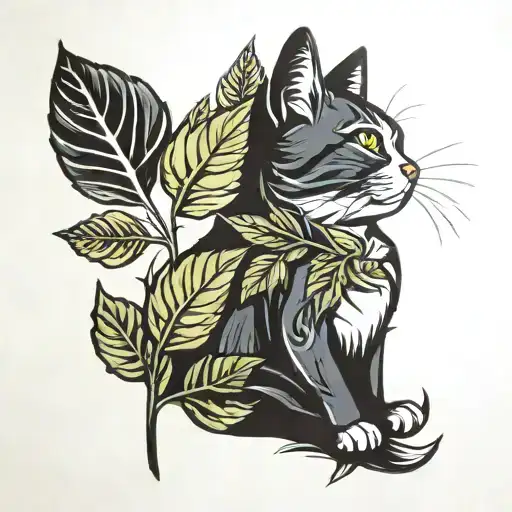 cat and leaf tattoo design idea