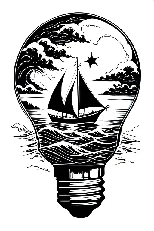 lightbulb with a wave and sail boat inside tattoo design idea