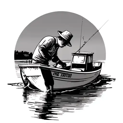 Generate sillouhette image of grandad in bucket hat teaching grandson to fish off the side of a small motor fishing boat tattoo design idea