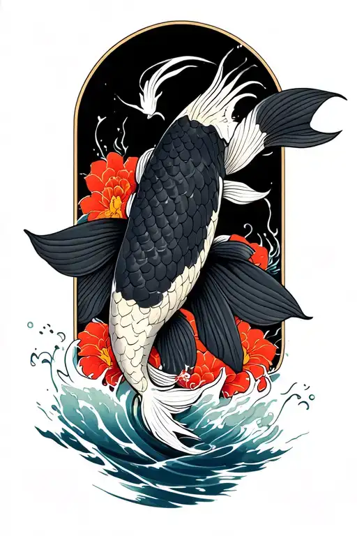 A black koi fish swimming upstream against strong current, symbolizing perseverance, courage and self-discipline. Realis tattoo design idea