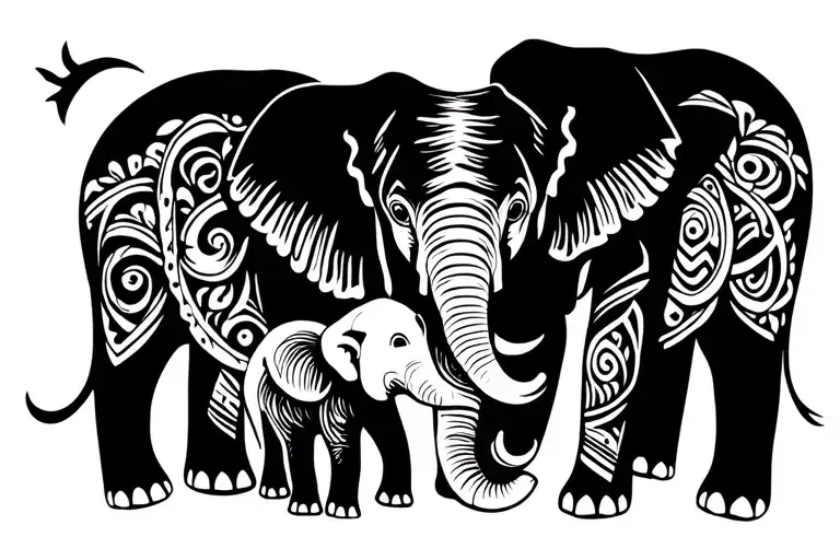 Elephant and his baby raising their trunks tattoo design idea
