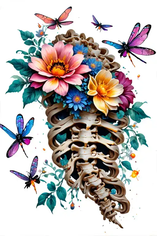 spine with flowers intertwined in the vertebrae and dragonflies & fireflies flying around tattoo design idea