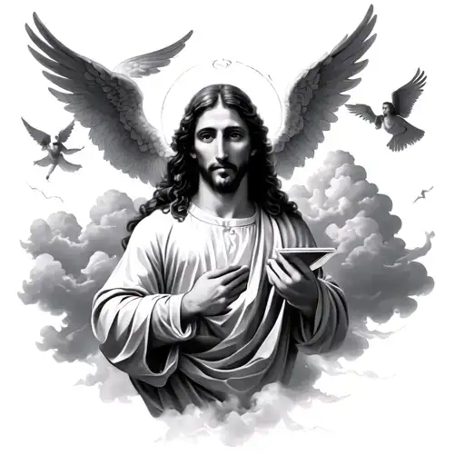 Christian with clouds floating and angels flying tattoo design idea