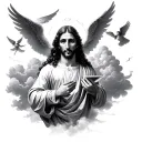 Christian with clouds floating and angels flying tattoo design idea