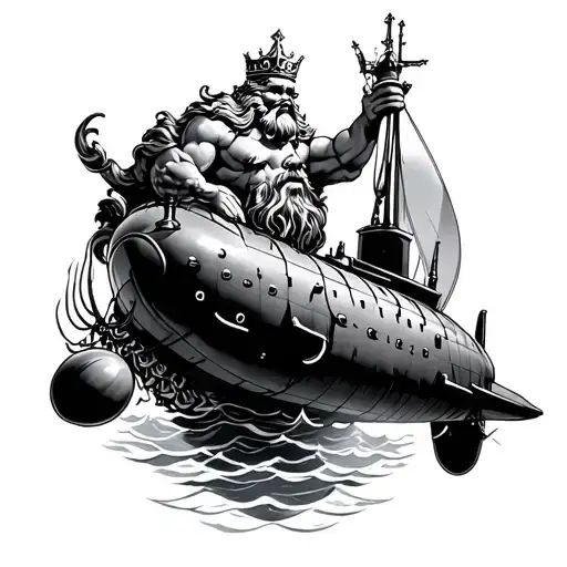 King Neptune holding submarine tattoo design idea