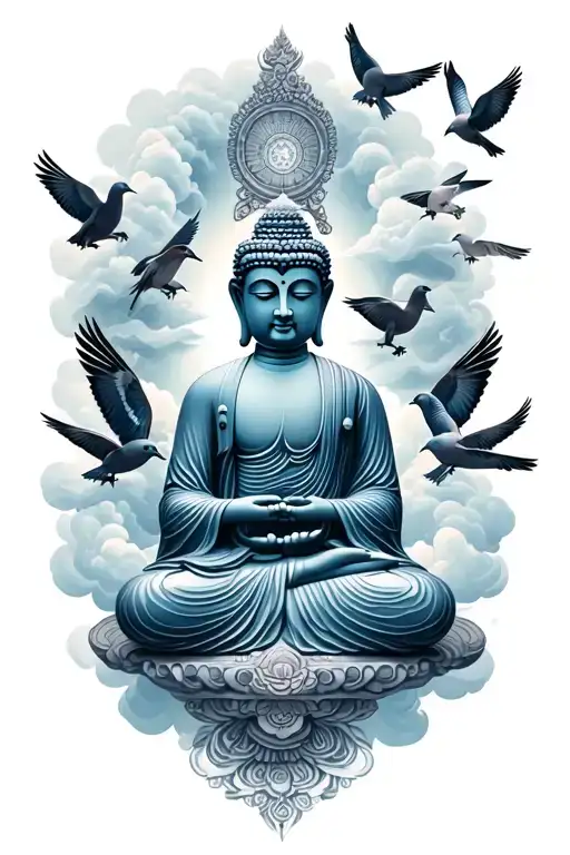 clouds surrounding with pigeons with buddha inner peace tattoo design idea