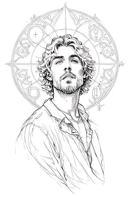 A man in love with a few English words about patience, anger, love, and a few symbols of God's existence. tattoo design idea