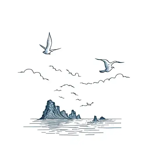 three cliffs bay with a wave and birds flying tattoo design idea