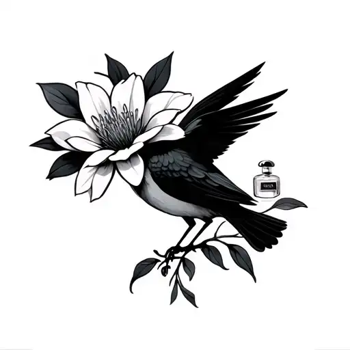 iwa bird holding a perfume flower blooming tattoo design idea