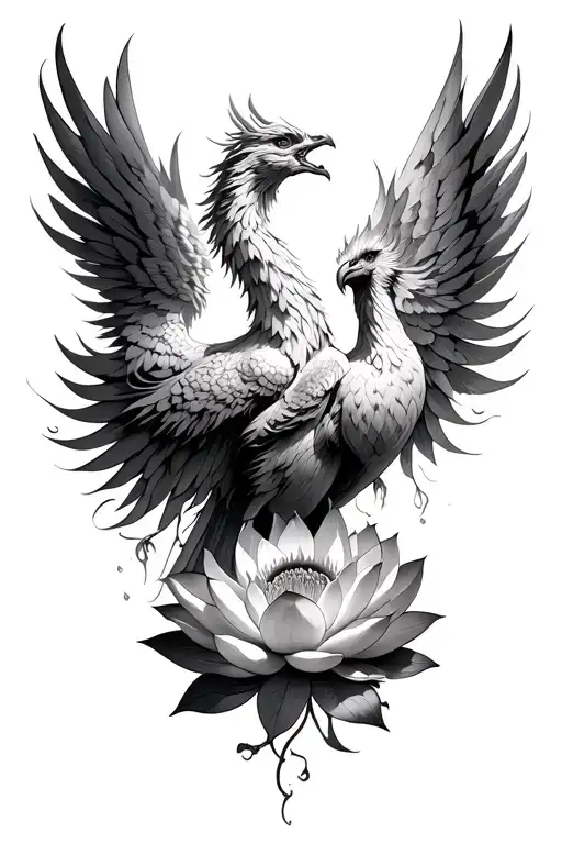 Phoenix rising and lotus blooming out of Phoenix wings tattoo design idea