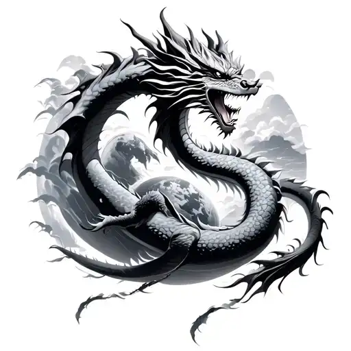 dragon travelling through earth through earth arriving at heaven black and grey Japanese style dragon  tattoo design idea