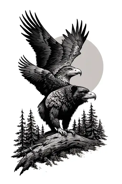 Eagle bear and forest scene tattoo design idea