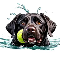 Dog black english labrador retriever swimming with tennis ball.  tattoo design idea