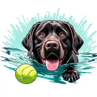 Dog black english labrador retriever swimming with tennis ball.  tattoo design idea