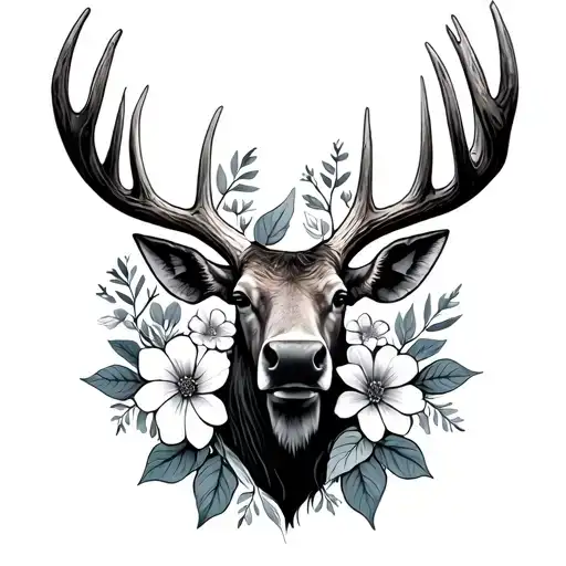 moose antler and flowers intertwined tattoo design idea