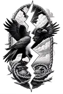traditional black and white raven split in half by a lightning bolt framed in traditional rope with thunderclouds in the tattoo design idea