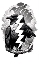 traditional black and white raven split in half by a lightning bolt framed in traditional rope with thunderclouds in the tattoo design idea