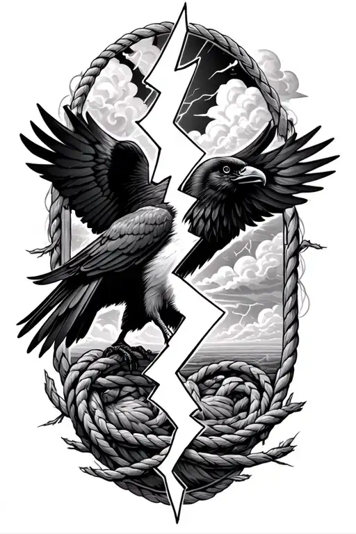 traditional black and white raven split in half by a lightning bolt framed in traditional rope with thunderclouds in the tattoo design idea