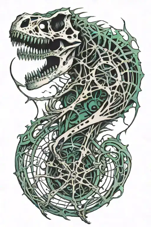 black dinosaur skeleton in black, inside a cobweb in a biomechanical style, green, blue and brown colour tattoo design idea