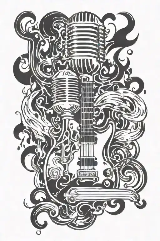 A microphone and electric guitar with flames and musical notes coming out of them tattoo design idea