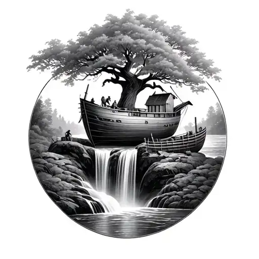 Noah's ark which descends a waterfall which floods the garden of Eden with the apple tree tattoo design idea